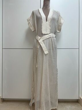 Cream Mesh cotton Maxi Cover-Up with Waist Tie